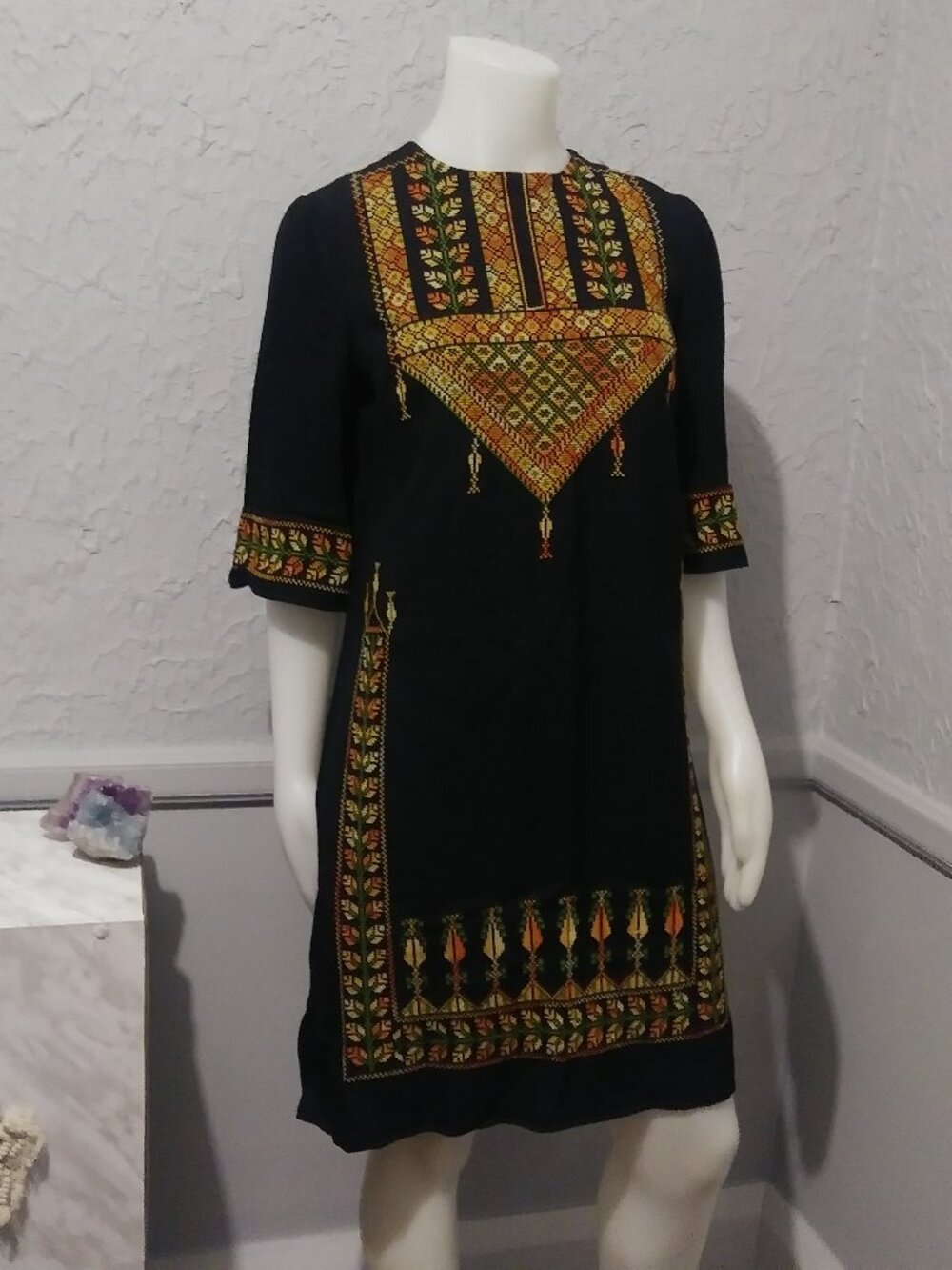 Ukrainian Black Dress with Orange Yellow Green Cross Stitch Patterns - Retro 70'
